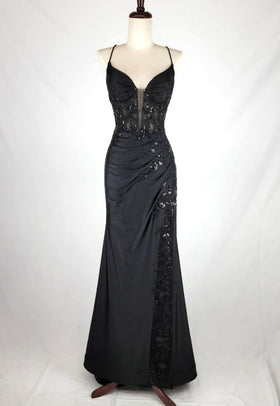 Chicas D502 Evening Black Illusion Floor-Length High-Slit Sequin Satin Dress