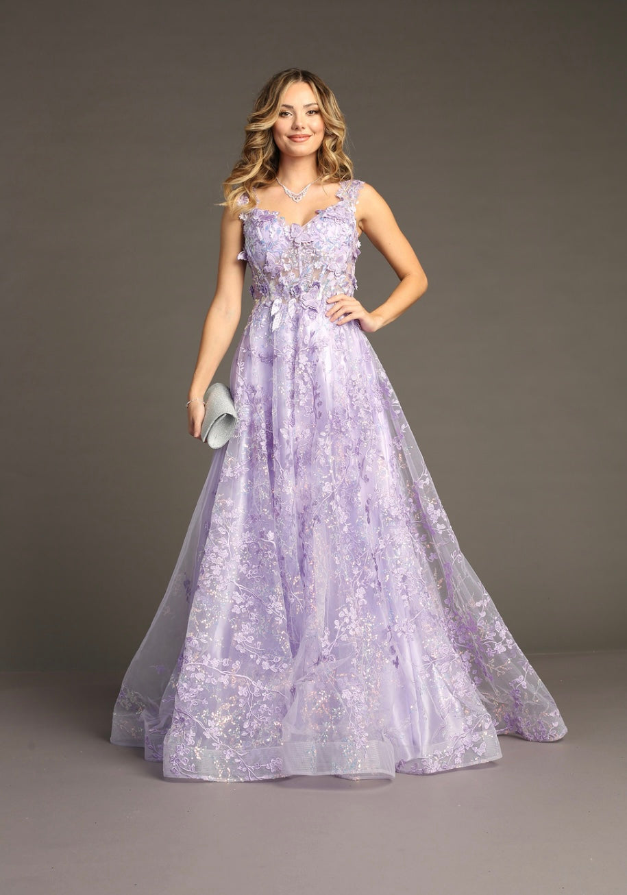Modern Printed Evening Lilac A-Line Sweetheart Tulle Gown C818 by Chicas
