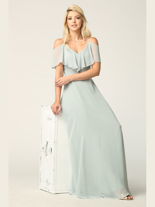 Elegant Cold Shoulder Chiffon A-Line Gown with Flutter Sleeves By Eva USA 3263