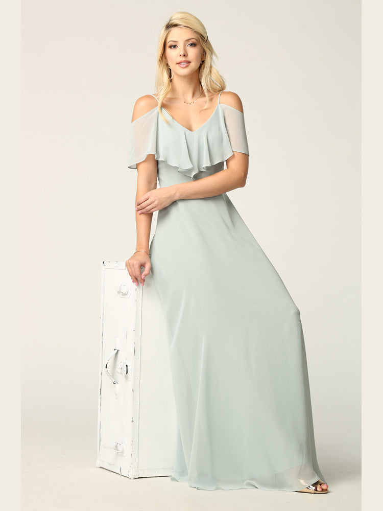 Cold Shoulder Chiffon Maxi Dress with Ruffle Overlay by Eva USA 3263