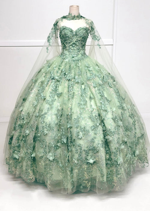 Chicas HF3067 Printed Quinceañera Royal BallDress Floral Floor-Length Tulle Dress