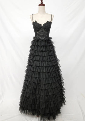 Chicas C833 Printed Evening Black Spaghetti-Strap Floral Tulle Dress
