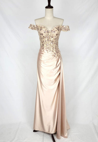 Chicas C362 Printed Evening Red Illusion Floral Floor-Length Satin Dress