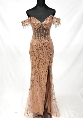 Chicas C331 Evening Floor-Length Corset High-Slit Beaded Fabric Dress