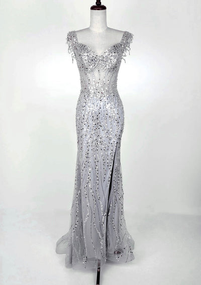 Chicas C331 Evening Floor-Length Corset High-Slit Beaded Fabric Dress