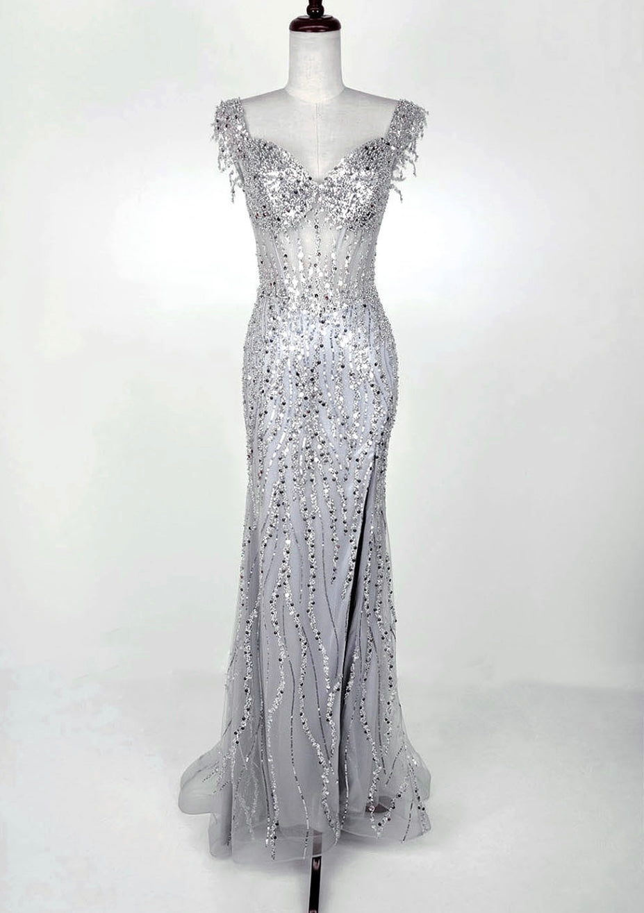 Chicas C331 Evening Floor-Length Corset High-Slit Beaded Fabric Dress