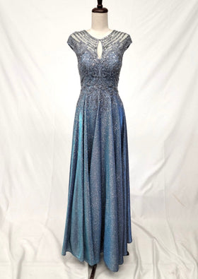 Chicas J132 Evening Blue A-Line Floor-Length Embroidered Shimmer Fabric Dress