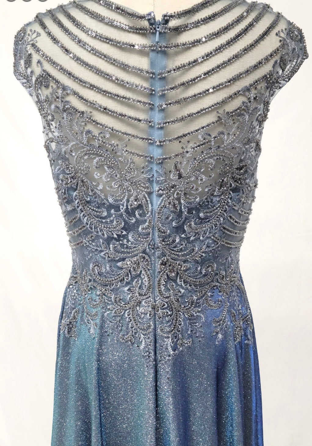 Chicas J132 Evening Blue A-Line Floor-Length Embroidered Shimmer Fabric Dress