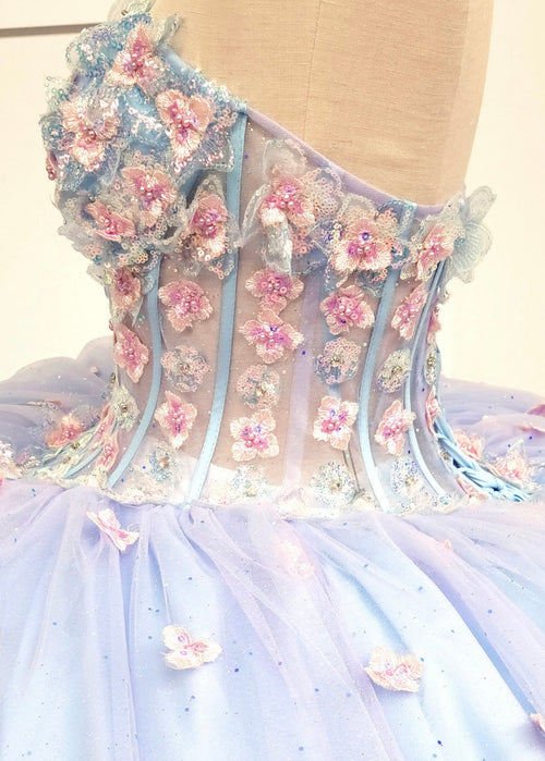 Chicas HF3119 Printed Quinceañera Blue BallDress Strapless Floral Tulle Dress