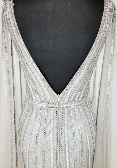 Chicas C828 Formal Silver Floor-Length Sequin Shimmer Cape Tulle Dress