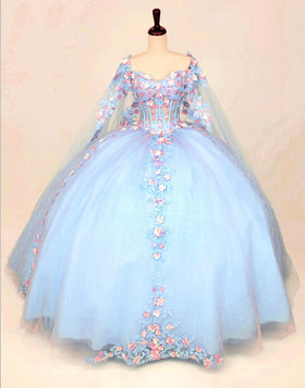 Chicas HF3117 Printed Blue BallDress Floral Long Corset Tulle Dress