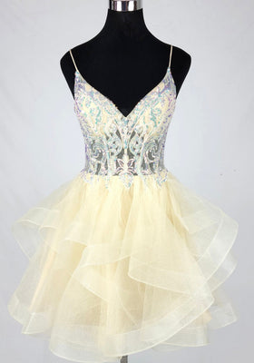 Chicas DM8031 Cocktail Champagne Spaghetti-Strap Short Sequin Tulle Dress