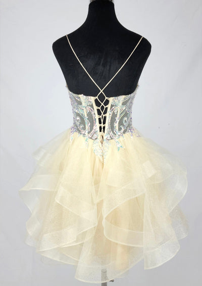 Chicas DM8031 Cocktail Champagne Spaghetti-Strap Short Sequin Tulle Dress