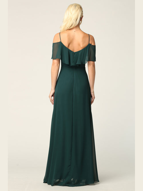 Cold Shoulder Chiffon Maxi Dress with Ruffle Overlay Formal Evening Gown By Eva USA 3263