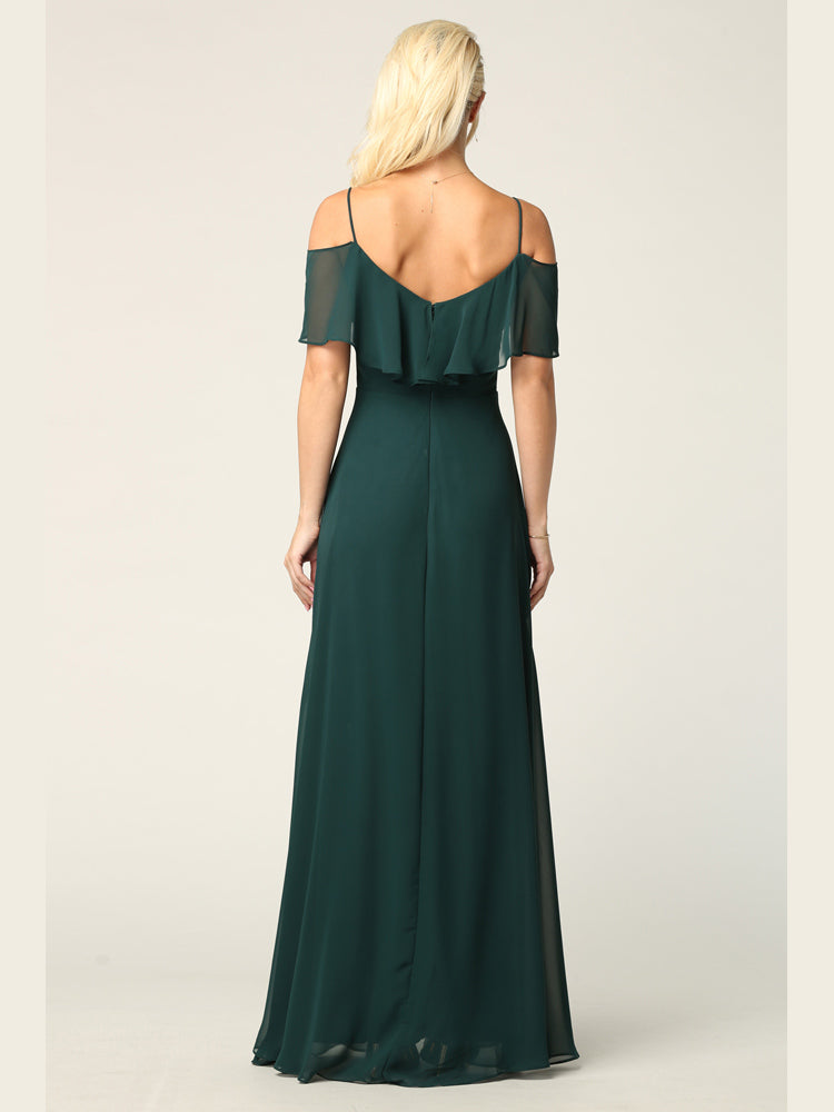 Cold Shoulder Chiffon Maxi Dress with Ruffle Overlay Formal Evening Gown By Eva USA 3263
