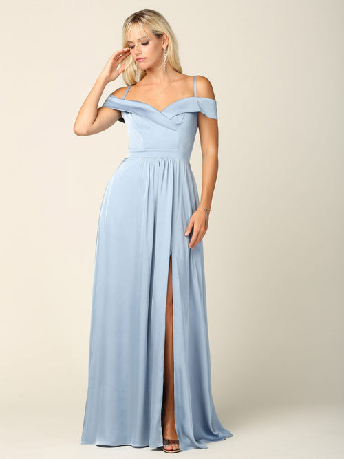 Off Shoulder Satin Evening Gown with Slit A-Line Formal Dress by Eva USA 3355