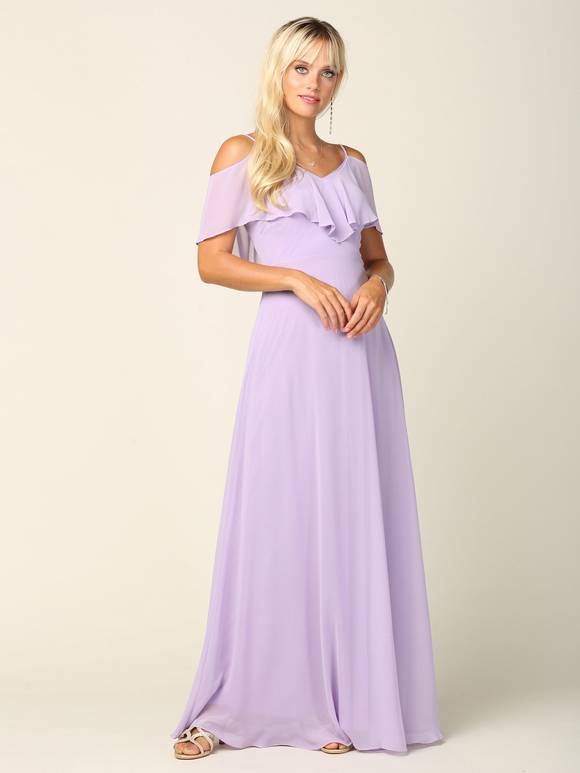 Elegant Cold Shoulder Chiffon A-Line Gown with Flutter Sleeves By Eva USA 3263