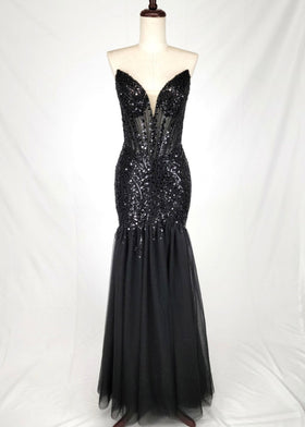Chicas C345 Elegant Evening Black Mermaid Strapless Floor-Length Tulle Dress