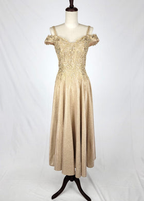 Chicas J049 Gold A-Line Tea-Length Embroidered Shimmer Strappy Fabric Dress