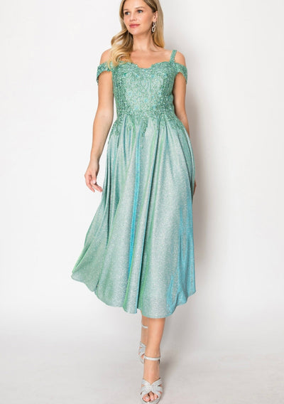 Chicas J049 Gold A-Line Tea-Length Embroidered Shimmer Strappy Fabric Dress