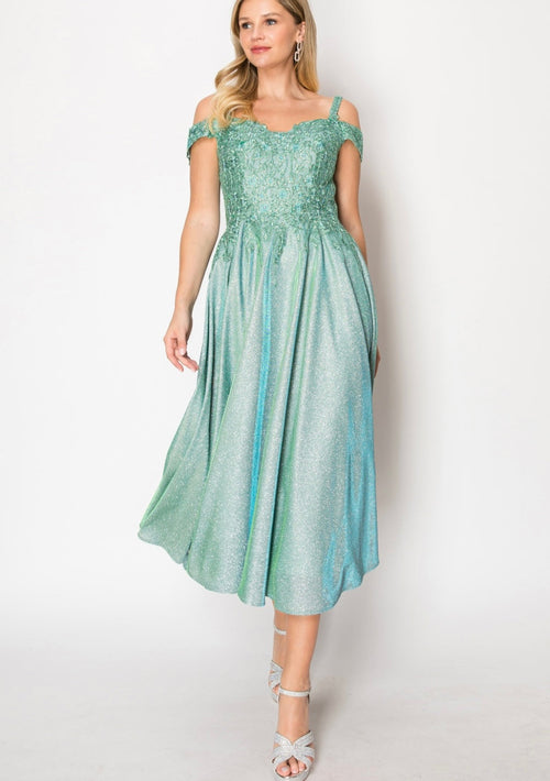 Chicas J049 Gold A-Line Tea-Length Embroidered Shimmer Strappy Fabric Dress