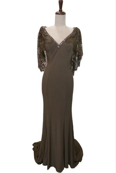 Chicas LM8019 V-Neck Floor-Length Cape Formal Style Lace Dress