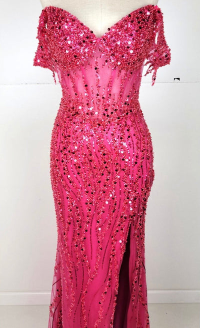 Chicas C331 Black Off-Shoulder Floor-Length High-Slit Sequin Fabric Dress