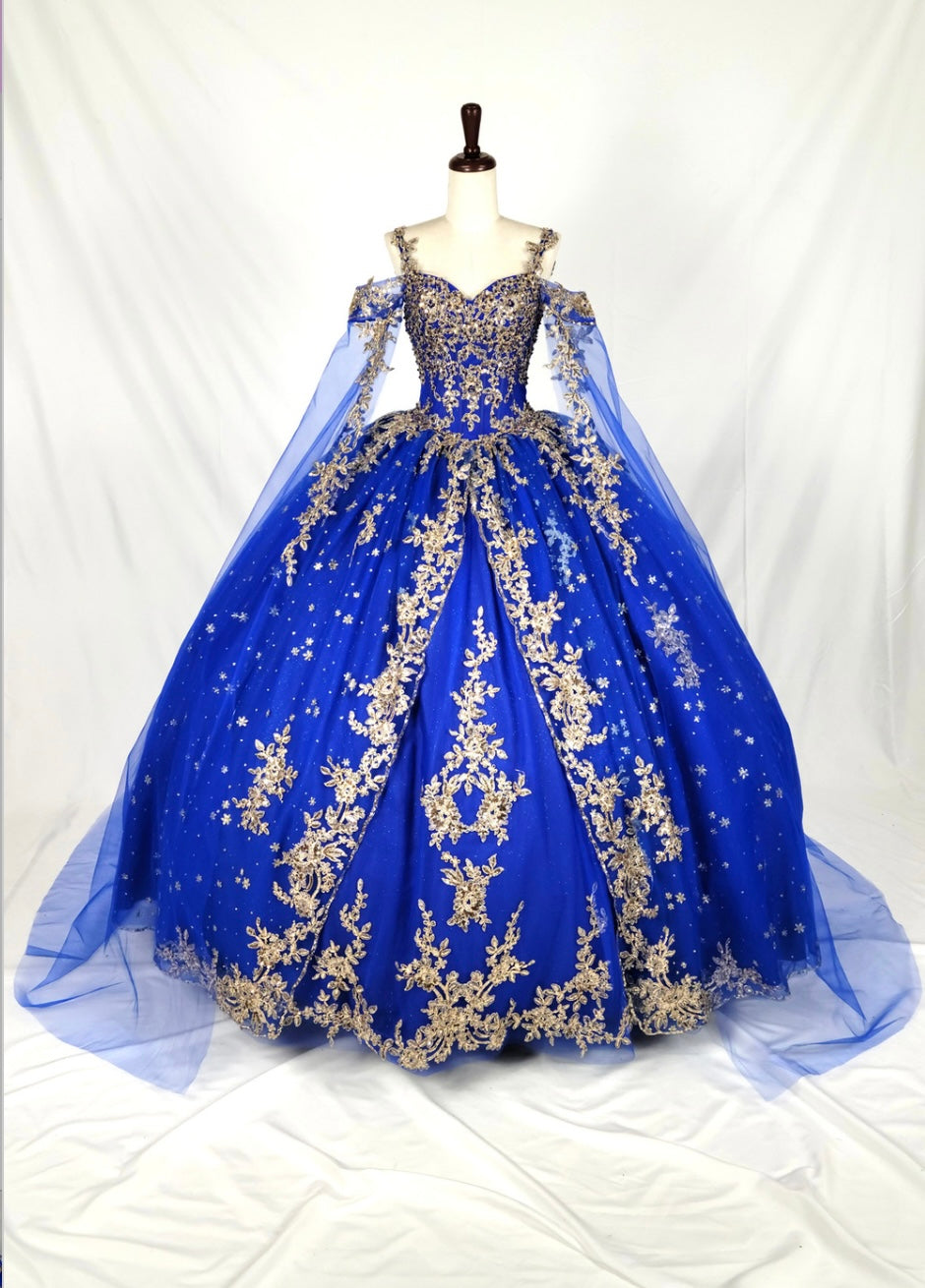 royal blue and gold dress for wedding Quinceañera Ballgown Floor-Length Embroidered Tulle Gown CHF3110 by Chicas no:Z026403 Women's A Line Midi The vibrant fabric is Neck Size:17.5