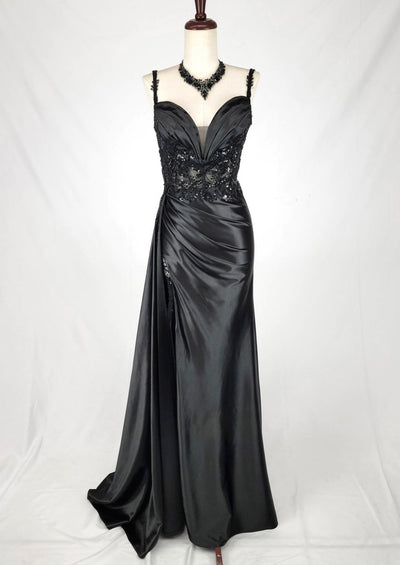 Chicas C342 Evening Blue Illusion Floor-Length High-Slit Satin Dress