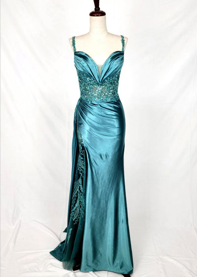 Chicas C342 Evening Blue Illusion Floor-Length High-Slit Satin Dress