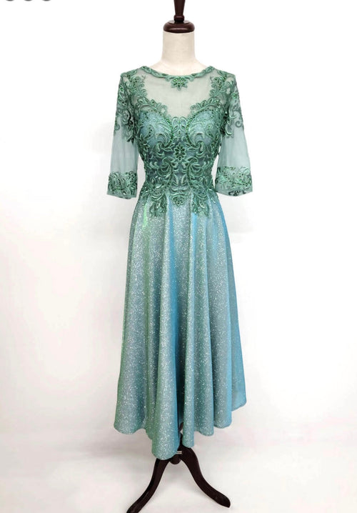 Chicas J016 Elegant Metallic Glitter Bridal Green A-Line Lace Dress