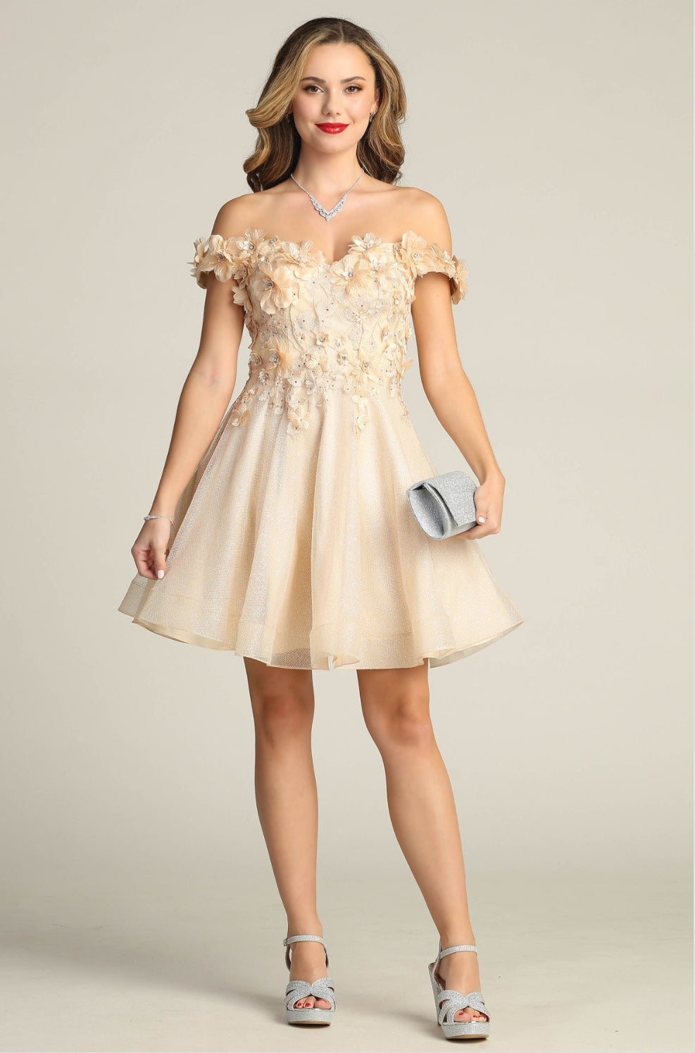Chicas C312 Quinceañera Off-Shoulder Floral Short Fabric Dress