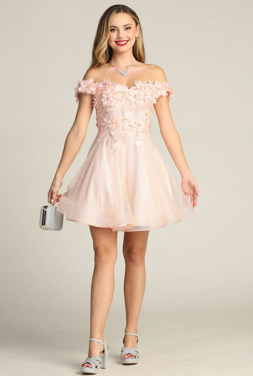 Chicas C312 Quinceañera Off-Shoulder Floral Short Fabric Dress