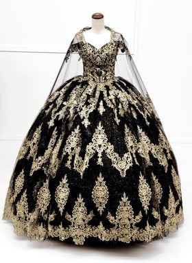 Chicas HF3090 Glitter Quinceañera Black BallDress Floor-Length Embroidered Tulle Dress