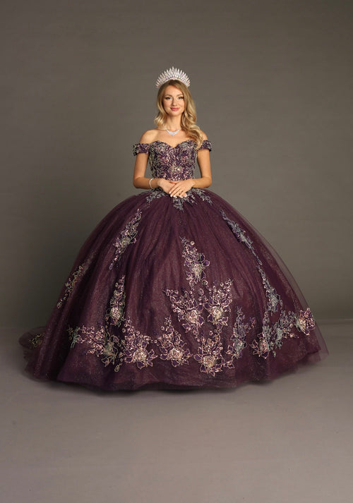 Chicas HF3099 Printed Glitter Purple BallDress Floral Floor-Length Tulle Dress