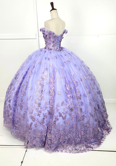 Chicas HF3103 Printed Glitter Lilac BallDress Butterfly Floral Tulle Dress