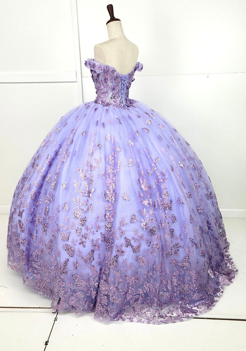 Chicas HF3103 Printed Glitter Lilac BallDress Butterfly Floral Tulle Dress