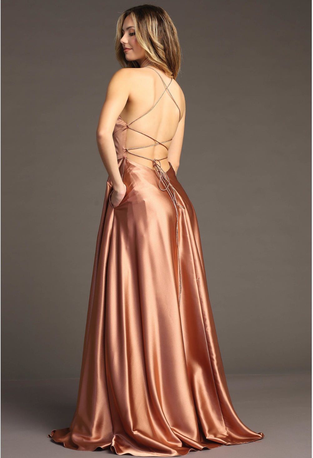 Chicas 9149 Floor-Length Long Maxi High-Slit Strappy Formal Satin Dress
