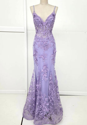 Chicas C816 Romantic Printed Prom Lilac Mermaid Spaghetti-Strap Tulle Dress
