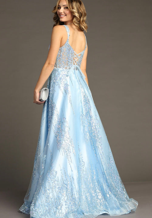 Chicas C821 Modern Printed Prom Blue A-Line Illusion Lace Dress