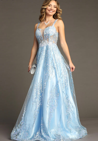 Chicas C821 Modern Printed Prom Blue A-Line Illusion Lace Dress