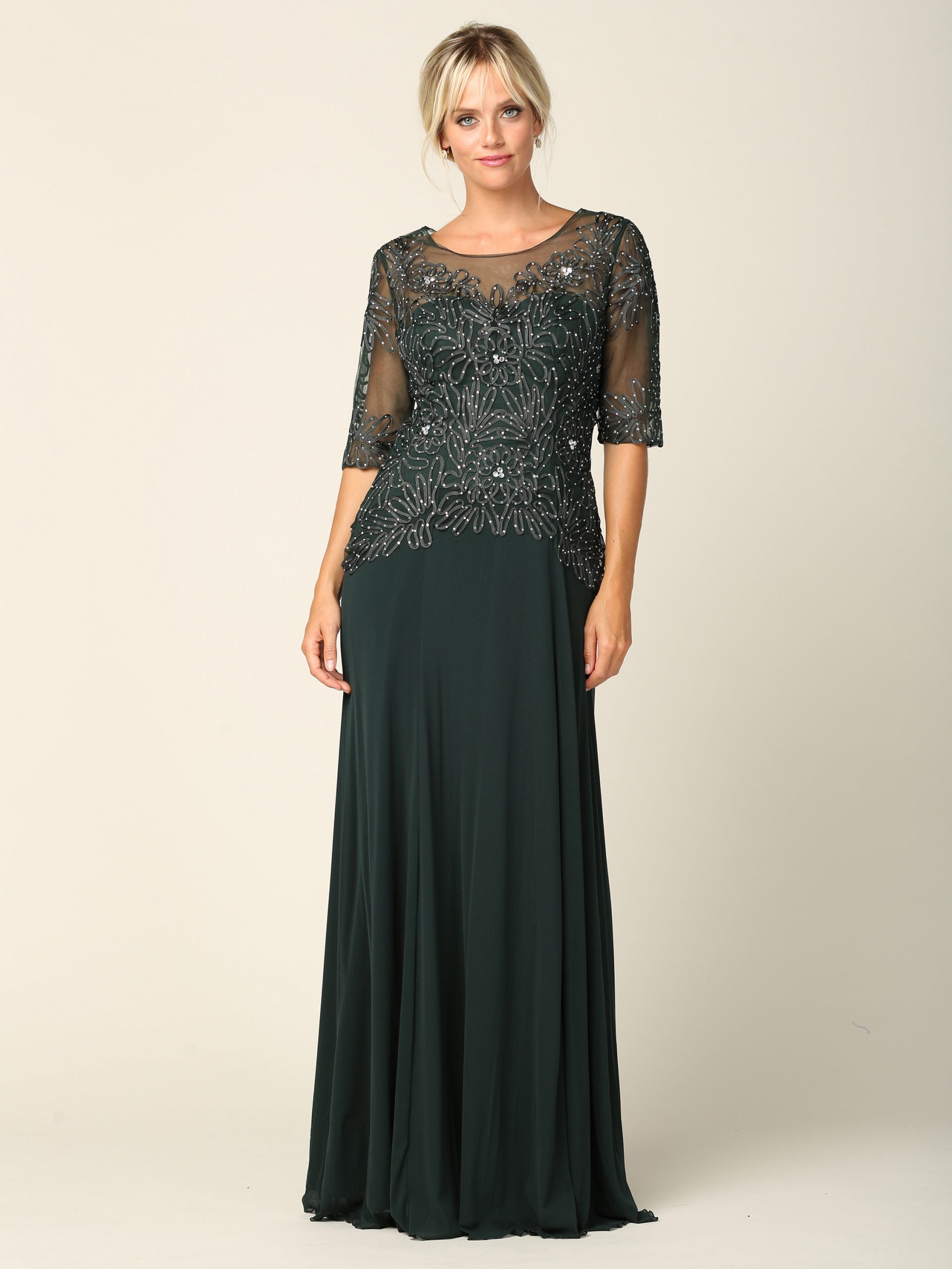 Women’s Long Embellished Formal Dress with Sheer Sleeves and Beaded Lace Bodice By Eva USA 5222