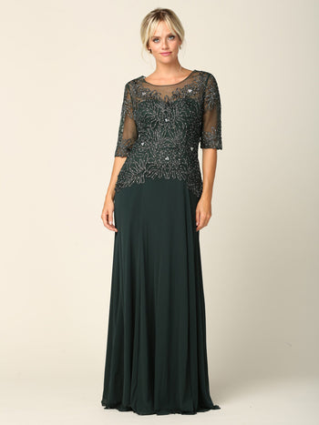 Women’s Long Embellished Formal Dress with Sheer Sleeves and Beaded Lace Bodice By Eva USA 5222