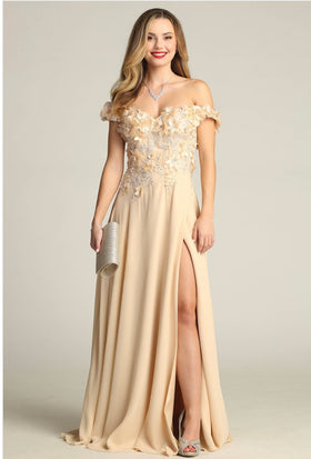 Chicas CH3059 Off-Shoulder Floral Long High-Slit Style Fabric Dress