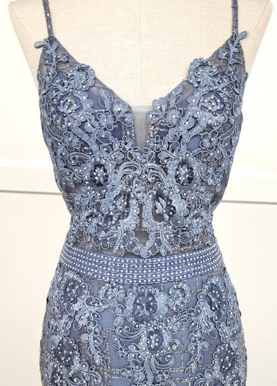 Chicas DM4029 Modern Printed Prom Blue Spaghetti-Strap Floral Fabric Dress