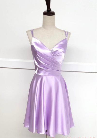 Chicas J013 Cocktail Royal A-Line Spaghetti-Strap Short Pleated Satin Dress