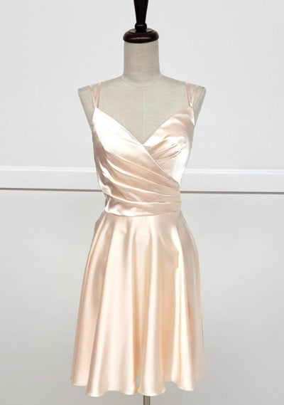 Chicas J013 Cocktail Royal A-Line Spaghetti-Strap Short Pleated Satin Dress