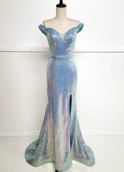 Chicas C324 Glitter Prom Blue Illusion Floor-Length High-Slit Fabric Dress