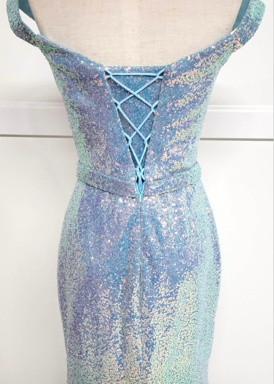 Chicas C324 Glitter Prom Blue Illusion Floor-Length High-Slit Fabric Dress