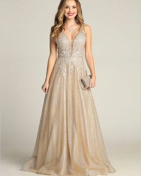 Chicas C2425 Glitter Prom Champagne A-Line Illusion Lace Dress